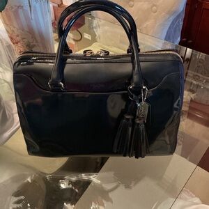 Authentic Coach Navy Blue Patent Leather Satchel with Tassel and Strap